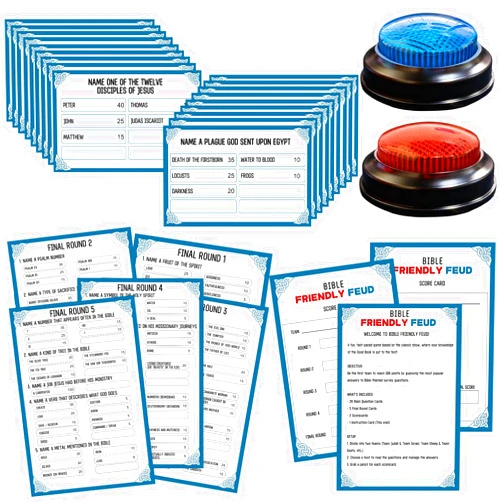 IIDEA Christian Bible Family Feud Game with 2 Buzzers,Religious Trivia Quiz Card Game for Church Groups,Easter Parties,Team Building & Family Game Night (28 Cards)