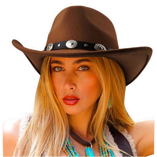 DRESHOW Women Men Classic Felt Wide Brim Western Cowboy & Cowgirl Cap Belt Buckle Retro Panama Hat Unisex Rolled up Caps