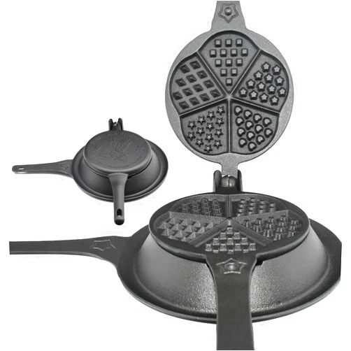 UKENEM Cast Iron Waffle Maker with Low Base, Retro Waffle Iron with Five Waffles Shapes, Pre-Seasoned Two Piece Hinged Non-Drip Double Rim for Stove Top or Grill Makes (Waffle Irons-1)