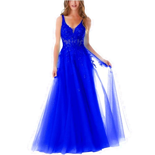 Msatuy Glitter Tulle Prom Dresses for Women 2024 Sparkly Lace Appliques Ball Gowns V Neck A Line Formal Evening Dresses