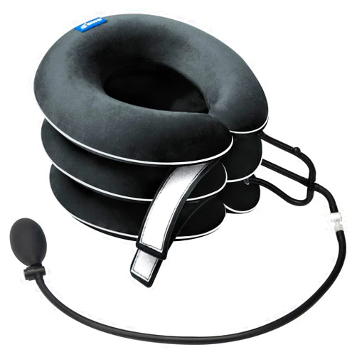S Cervical Neck Traction Device for Neck Pain Relief - Inflatable Neck Stretcher Collar for Decompression - Best Home Use Neck Brace Pump (Black Plush)