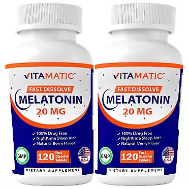Vitamatic 2 Pack - Vitamatic Melatonin 20mg Fast Dissolve 120 Tablets | Nighttime Sleep Aid | Natural Berry Flavor | Vegetarian, Non-GMO, Gluten Free (Total 240 Tablets)