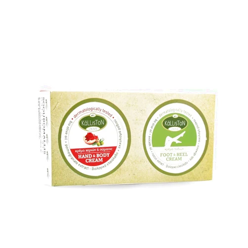 Kalliston Combo Pack, Pomegranate Hand and Body Cream, Foot & Heel Cream, Made from Organic Olive Oil, Not Tested on Animals, Product of Crete, Greece, 2.54 oz Each