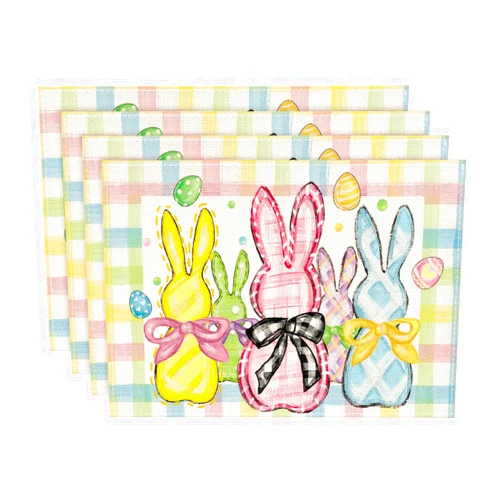 Artoid Mode Colorful Buffalo Plaid Bunny Rabbits Happy Easter Placemats Set of 4, 12x18 Inch Seasonal Spring Holiday Table Mats for Party Kitchen Dining Decoration