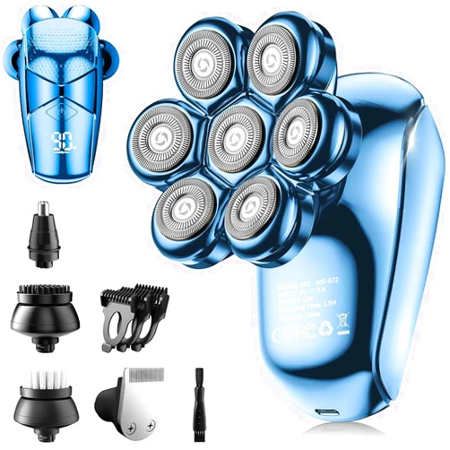 SHPAVVER Detachable Head Shavers, SHPAVVER 5 in 1 Electric Razor IPX7 Waterproof for Bald Men, Wet Dry LED Display Rechargeable 7D Rotary Shaver Grooming Kit，Bright Blue