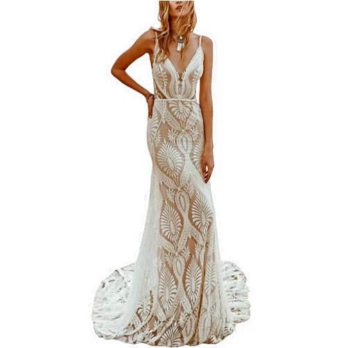 YedroQix Vintage Backless Mermaid Wedding Dress V Neck Spaghetti Straps Sweep-Brush Train Bridal Gown with Appliques 2024