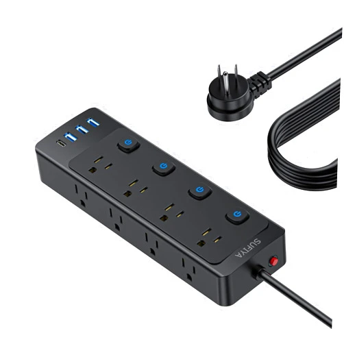 Sufiya Power Strip with Individual Switches, 8 Widely Outlets with 4 USB Ports, 10 FT Extension Cord, FCC Certification, Wall Mount, Desk Charging Station for Home Office Dorm Room-Black