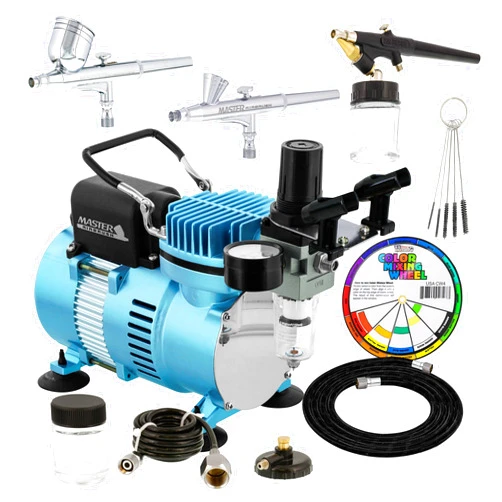 Master Airbrush Cool Runner II Dual Fan Air Compressor Professional Airbrushing System Kit with 3 Airbrushes, Gravity and Siphon Feed - Holder, Color Mixing Wheel, Cleaning Brush Set, How-To Guide