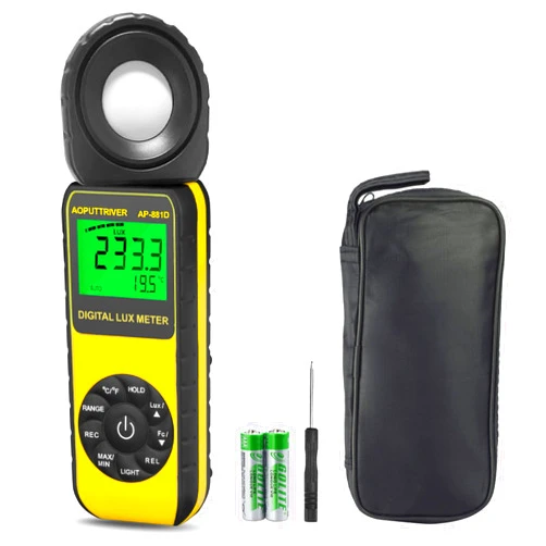 AOPUTTRIVER Light Meters, AP-881D Lux Meter with Ambient Temperature（℃/℉）Measurer Light 0.01~400,000 Lux (0.01~40,000 FC), Luxmeter with 270º Rotated Sensor, Back Light, Data storag for Plants LED Indoor Lights