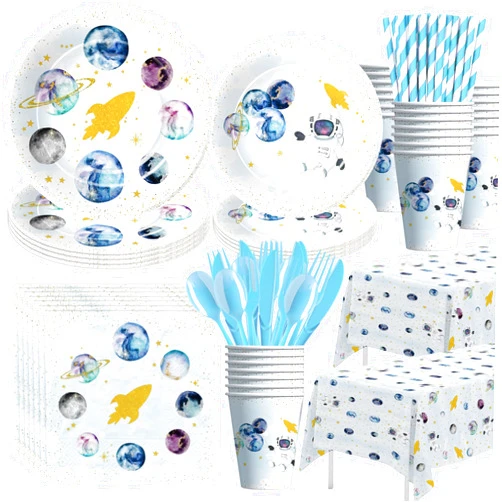 HIPVVILD Space Theme Party Supplies For Boy - Outer Space Party Decorations, Plate, Cup, Napkin, Tablecloth, Tableware, Galaxy Space Planet Astronauts Theme Birthday Baby Shower Decorations | Serve 24