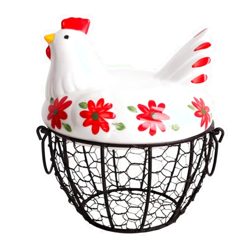 Oskas Kitchen Storage Metal Wire Egg Basket with Ceramic Farm Chicken Cover Fresh Egg Holder/Organizer Case/Container