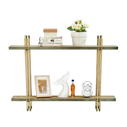 Danya B. Two-Tier Warm Gold and Washed Oak Brown Metal Hanging Bracket Wall Mounted Shelf
