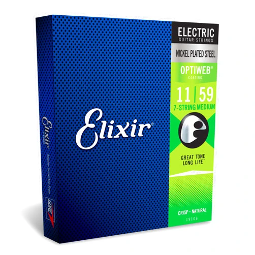 Elixir Strings, Electric Guitar Strings, Nickel Plated Steel with OPTIWEB Coating, Longest-Lasting Crisp Tone with Comfortable Feel, 7 String Set, Medium 11-59