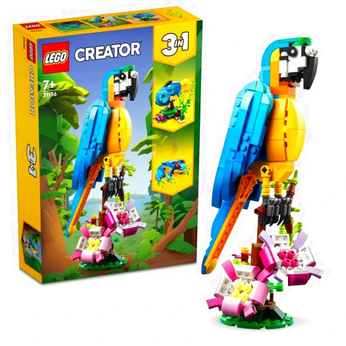 LEGO 31136 Creator 3-in-1 The Exotic Parrot, Construction Toy, Jungle Animal Figurines, Frog and Fish, Creative Game for Children from 7 Years Old