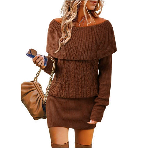 Bebonnie Women's Long Sleeve Cowl Neck Chunky Cable Knit Sexy Bodycon Mini Sweater Short Dress