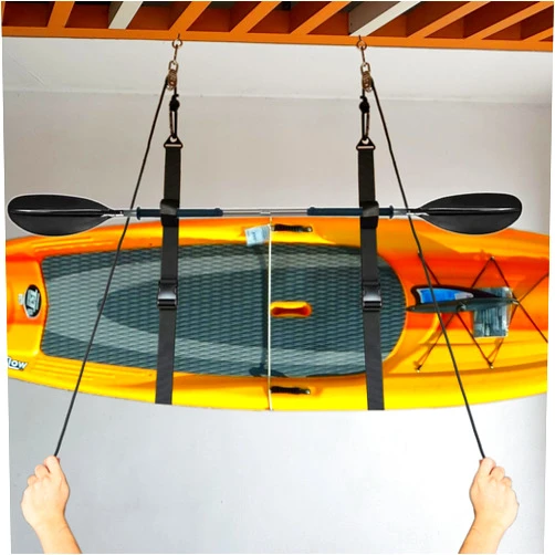 DEEALL Rope Hoist Stainless Steel Pulley System with Storage Straps for Kayak Hanger Cargo Ceiling Storage Overhead Storage Watercraft Garage Storage Kayak Wall Hanging Sling Rope Tightening System