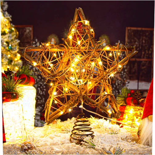 DDcafor Rattan Natural Star Christmas Tree Topper - Rustic Farmhouse Xmas Treetop with 50 Warm LED Lights for Indoor Christmas Tree Decorations Holiday Seasonal Decor