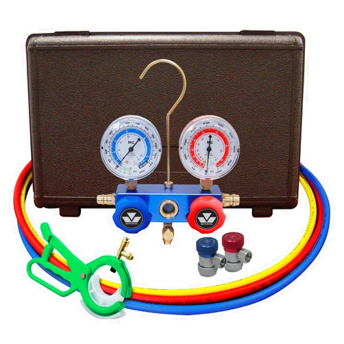 Mastercool 89661-PRO Automotive R134a 2-Way Manifold Gauge Set with 3-in-1 Can Tap Valve – U.S. Designed, Assembled, and Tested – Includes 60