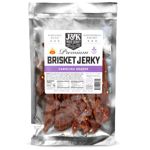 J&K Beef Jerky J&K Jerky Carolina Reaper Beef Brisket Jerky - Small Batch American Made Slab Beef Jerky Spicy and Savory Snack with a Kick - Bold & Flavorful Snack! - 7oz Big Bag of Jerky
