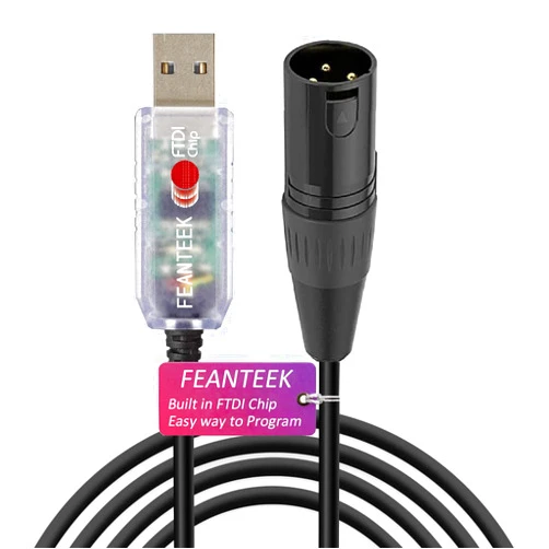 Feanteek USB to DMX Adapter Cable RS485 Converter 3PIN XLR Male DMX512 Freestyler Software PC Control Dimmer Cable with FTDI Chip Support Win10 Mac OS(6ft/1.8m), Black