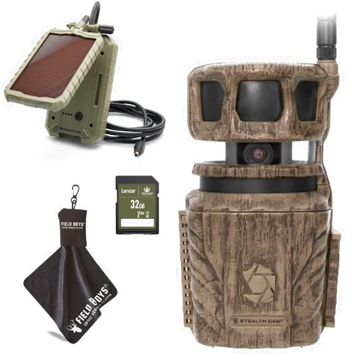 Stealth Cam Revolver 36MP Trail Camera with 1080P HD Video at 30 FPS, 0.4 Sec Trigger Speed, 360° Panoramic View, Built-in GPS, Verizon/AT&T Cellular, 32GB SD Card, Cloth, and Solar Panel