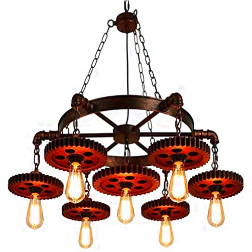 TFCFL 7-Heads Rustic Chandelier, E27 Metal Industrial Pendant Light Adjustable Steampunk Gear Chain Ceiling Light for Bar,Coffee Room,Restaurants,Festival(Excluding Bulbs)