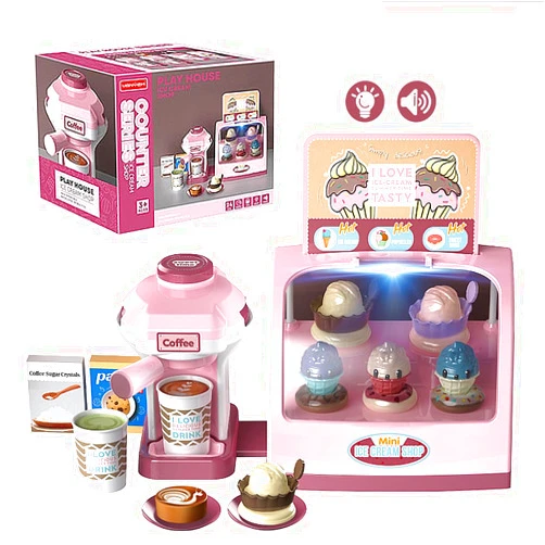 KID E WAN KidEwan Ice Cream Shop Toy Coffee Maker for Kids with Light, Pretend Play Dessert Ice Cream Set, Pink Coffee Machine Toy Play Store Kitchen Accessories Gifts for Toddlers 3+ Boys Girls