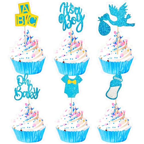 VCGUDOE 24 PCS Oh Baby Cupcake Toppers Baby Boy Cupcake Toppers with Dress Blue Gold Glitter Cupcake Cake Decorations for Baby Shower It's a boy Birthday Party Supplies