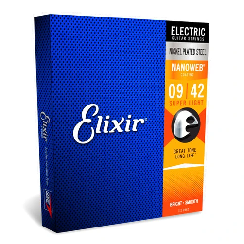 Elixir Strings, Electric Guitar Strings, Nickel Plated Steel with NANOWEB Coating, Longest-Lasting Bright Tone with Comfortable Feel, 6 String Set, Super Light 9-42
