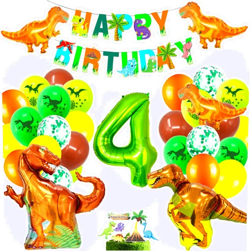 Cobesyood Dinosaur Party Supplies,Dinosaur Foil Balloons Set Dinosaur Birthday Party Decorations Kit Foil Balloons,Banner,Cake Toppers for 4 Year Olds Kids Birthday Party