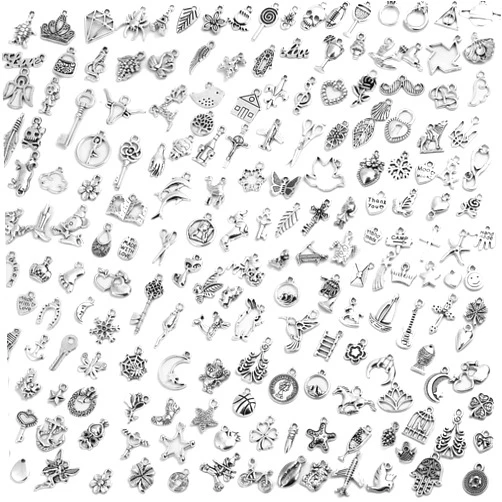 Acejoz 200Pcs Silver Charms for Jewelry Making and Bracelets, Wholesale Bulk Assorted Jewelry Making Charms Mixed Tibetan Earring Charms for DIY Necklace Bracelet Jewelry Making and Crafting