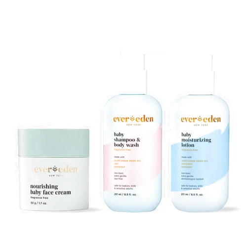 Evereden Baby Shampoo and Body Wash, 8.5 fl oz & Fragrance Free Baby Moisturizing Lotion, 8.5 fl oz & Nourishing Baby Face Cream, 1.7 oz | 3 Item Bundle Set | Clean Baby Care
