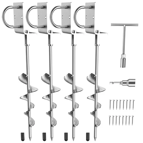Phopich Multi-Purpose Ground Anchors Screw in, 16in 4Pack Fully Welded Heavy Duty Trampoline Stakes with Brackets, T-Wrench and Adapter for Drill, Earth Anchor kit for Mobile Home, Trampoline, Shed