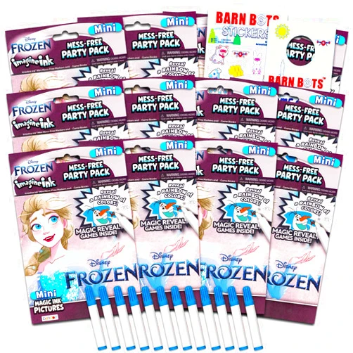 Bendon Disney Frozen Imagine Ink Coloring Book Set for Kids - 12 Pack No-Mess Magic Ink Coloring Books featuring Frozen Elsa and Anna with Barn Bots Stickers and Door Hanger (Frozen Party Favors Bundle)