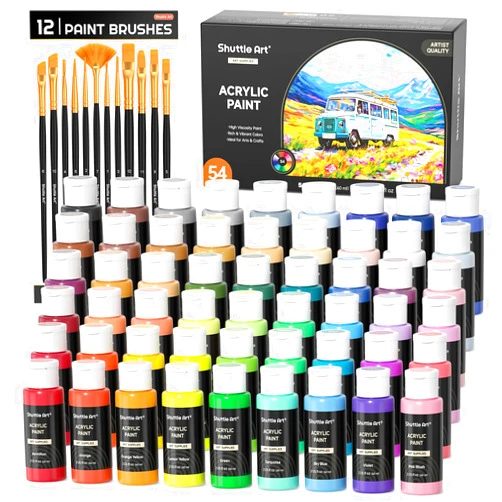 Shuttle Art 54 Colors Acrylic Paint, Shuttle Art Acrylic Paint set with 12 Paint Brushes, 2oz/60ml Bottles, Rich Pigmented, Water Proof, Premium Paints for Artists, Beginners and Kids on Canvas Rocks Wood Ceramic