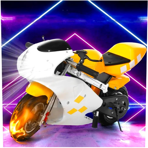 HEVIRGO Gas Pocket Bike Mini Motorcycle,Mini Dirt Bike 49cc 2-Stroke Pocket Rocket Motorcycle Gas Pocket Motorbike with Front Rear Disc Brakes, Racing Max Speed 25MPH,Dual Headlights (White & Yellow)