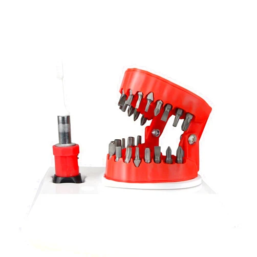 NICENICY Denture Drill Bit Holder with Base, Mouth Bit Holder, 3D Sculpture Desk Gadget, Denture Drill Bit Holder with 28PCS 1/4” Hex Bit, 3-in-1 Screwdriver, Bit Holder& Desk Decor