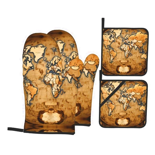 MDATT Oven Mitts Set,Multi-Function Heat Resistant Kitchen Pot Holders for Kitchen Or Baking (4pcs),Old Stained World Map Print