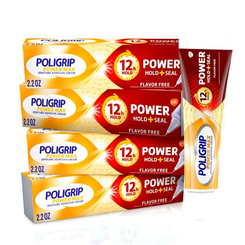 Super Poligrip Power Max Power Hold plus Seal Denture Adhesive Cream, Denture Cream for Secure Hold and Food Seal, Flavor Free - 2.2 oz (Pack of 4)