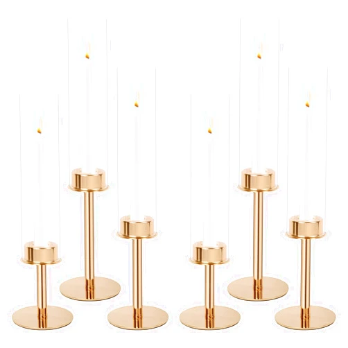 ACSUIT Gold Candle Holders Hurricane Candlestick Holders Set of 6 for Taper Candle Holders with Glass Candle Cover for Home Decor Candlelight Dinner Wedding Christmas Party Decorative