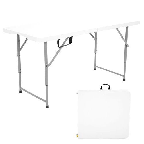 FDW 4 Foot Outdoor Dining Table, Foldable Portable Rectangular Plastic Folding Table with Built in Carrying Handle and Height Adjustable for Party and Wedding Use, White