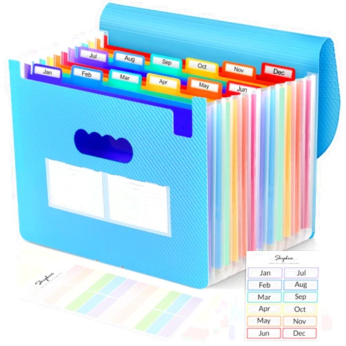 SKYDUE File Organizer,12 Pockets Accordian File Organizer,Letter Size Expanding File Folder with Colored Tabs and Expandable Cover Portable Bill Receipt Organizer Blue