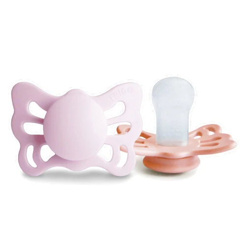 FRIGG Butterfly Anatomical SilkySoft Silicone Baby Pacifier | Made in Denmark | BPA-Free (Soft Lilac/Pretty in Peach, 0-6 Months)