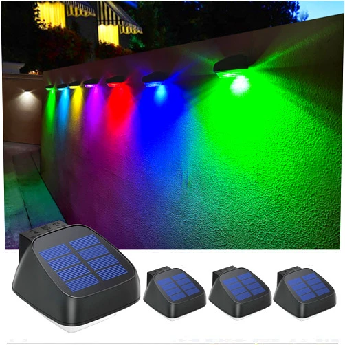 Microy Solar Outdoor Lights, 4 Pack Solar Fence Lights with 3 Modes, Solar Deck Lights, LED Solar Lights Outdoor Waterproof Color Glow Outdoor Solar Lights for Patio, Yard, Pool and Wall