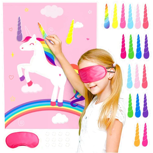 FEPITO Birthday Party Game for Kids Pin The Horn on Unicorn-Game Poster with 24 Horn Stickers Pin The Tail Game for Girl Unicorn-Birthday Rainbow Party Favors Supplies Wall Home Room Decorations