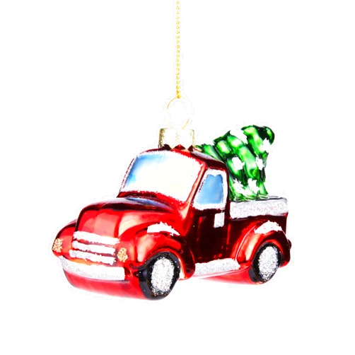JOIEDOMI Red Truck with Tree Blown Glass Small Funny Mini Christmas Ornaments for Christmas Tree Hanging Ornament Christmas Decorations Indoor, Xmas Christmas Party Favors Cute Presents