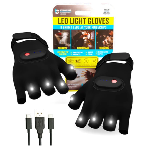 Klear Concepts 8-Light LED Flashlight Gloves for Men and Women, Open Palm Fingerless Gloves, Rechargeable Flashlight with 3 Modes, Work Light for Electricians, Fishing Tools, Camping Essentials