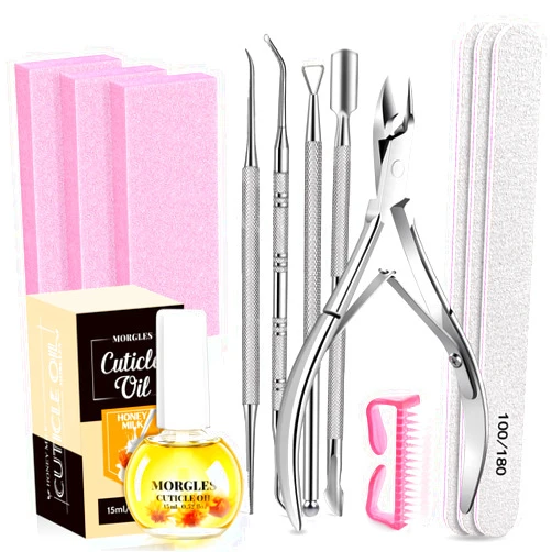 MORGLES Nail File and Buffer Blocks with Nail Care Kit, 13 Pcs Manicure Kit for Women with Milk and Honey Cuticle Oil and Cuticle Trimmer Set