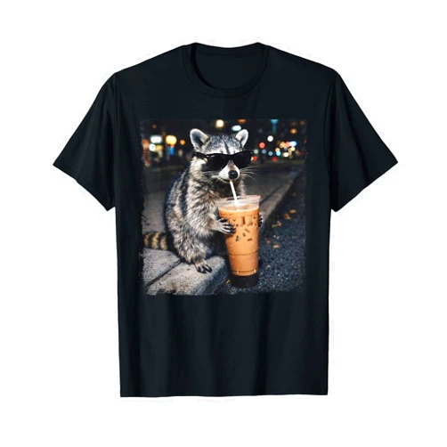 Funny Raccoon Iced Coffee Meme Cute Animal Selfie Funny Raccoon Drinking Iced Coffee Funny Animal Meme Raccoon T-Shirt