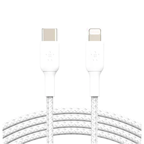 Belkin Braided USB C to Lightning Cable MFi Certified iPhone Fast Charger Type C Compatible with iPhone 13, 12, 11, Pro, Pro Max, Mini, iPad, AirPods, and Other Lightning Devices 6.6FT/2M (White) Braided 6.6 ft White